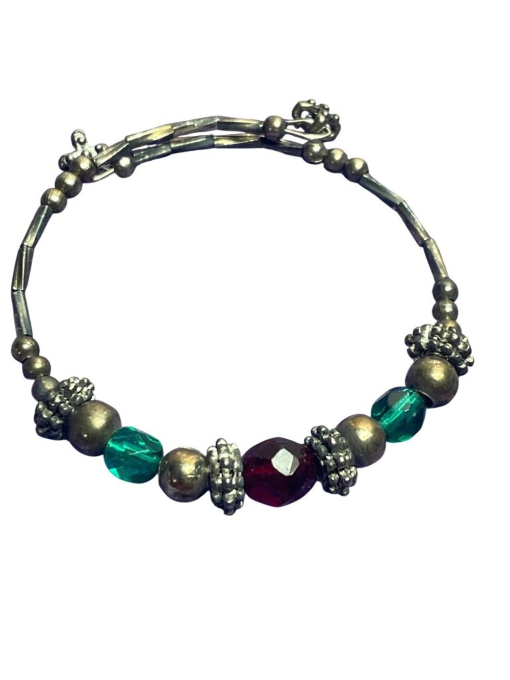 Artisan Boho Beaded Memory Wire Bracelet Antiqued Silvertone Glass Green Red